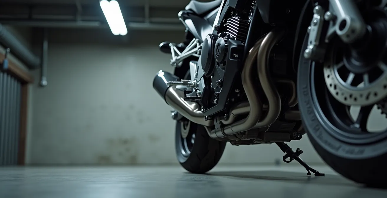 Nahaufnahme verschlissener Motorradkette mit sichtbaren Abnutzungsspuren