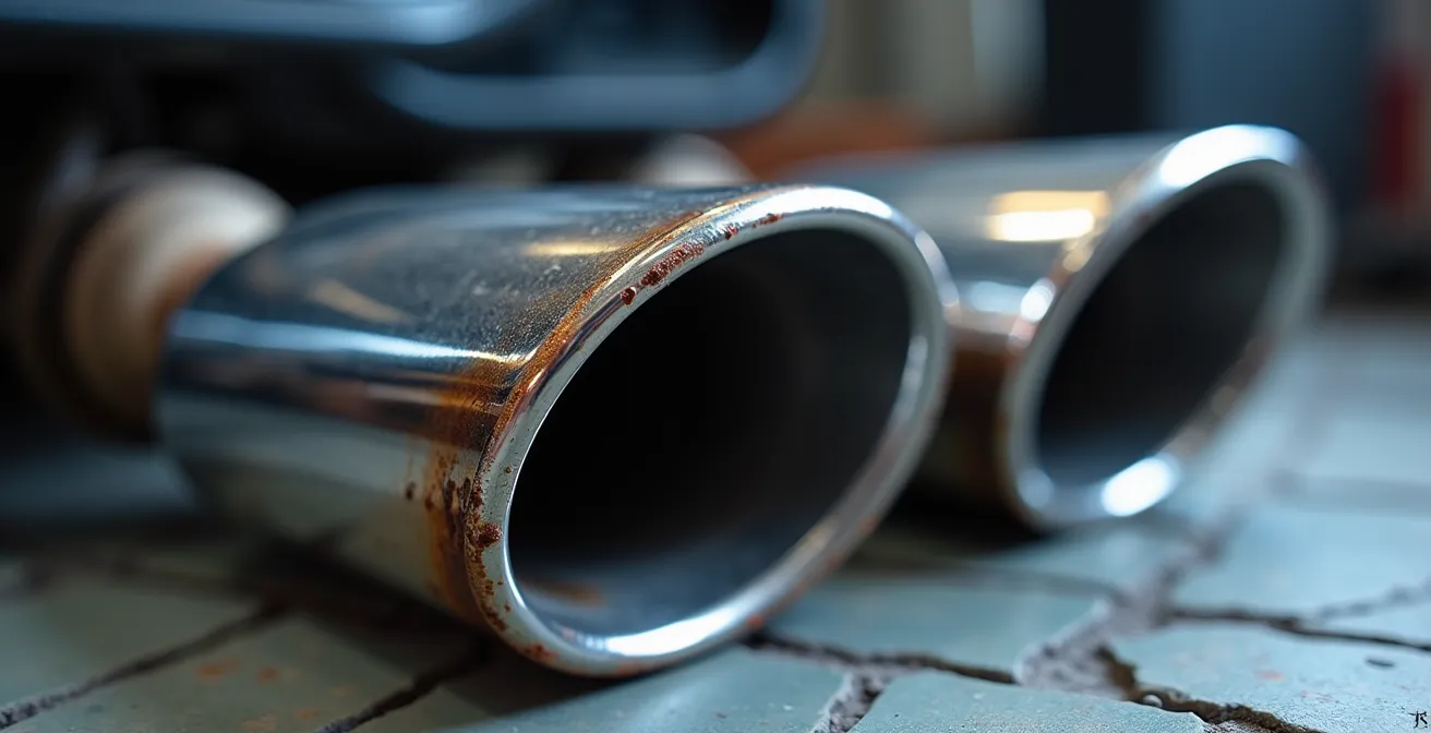 Versicherungsunterlagen neben Sportauspuffanlage in Werkstatt