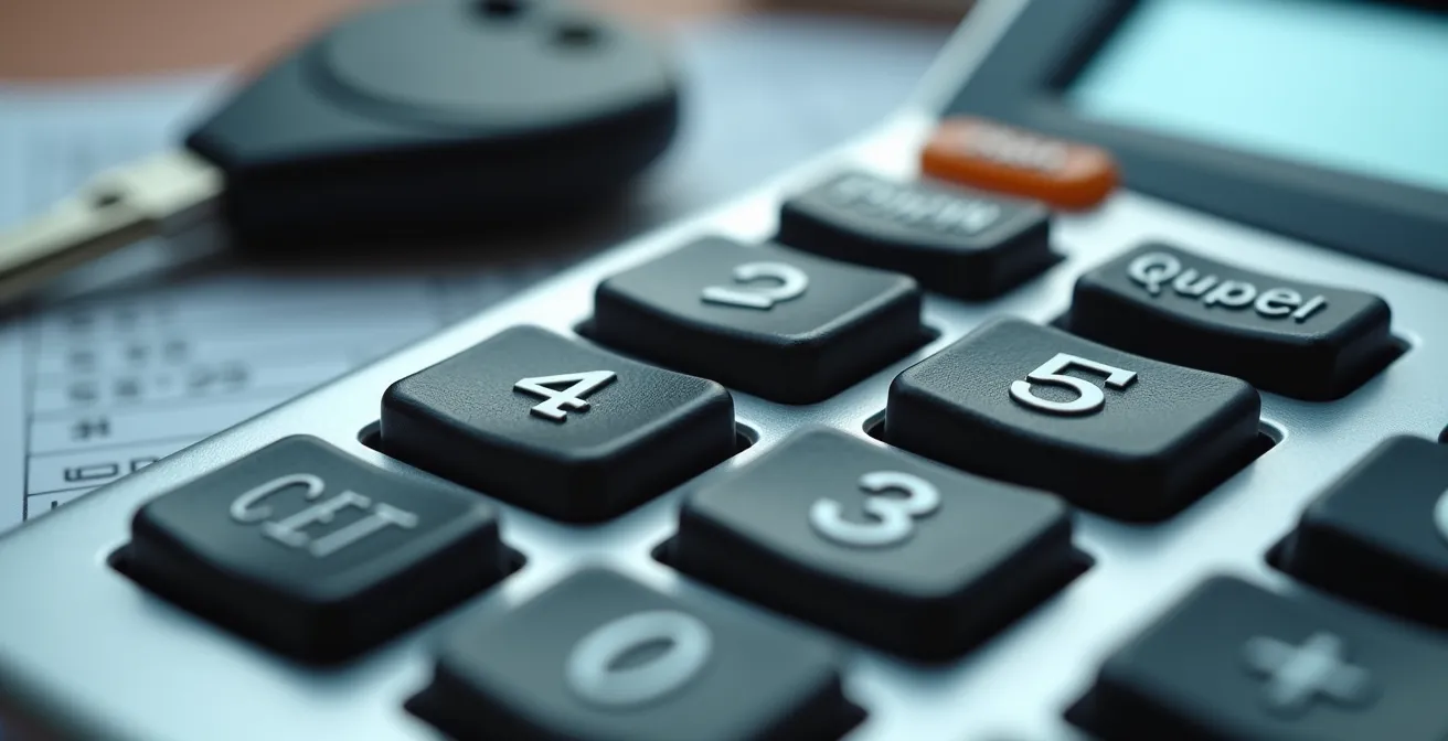 Makroaufnahme eines Taschenrechners mit unscharfem Autoschlüssel und Versicherungsunterlagen im Hintergrund