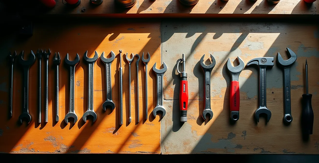 Systematische Werkzeugsortierung nach Nutzungshäufigkeit auf Werkbank