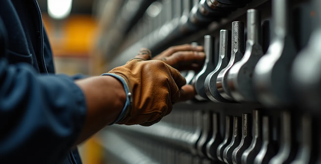 Systematisch organisierte Werkzeugwand in deutscher Autowerkstatt