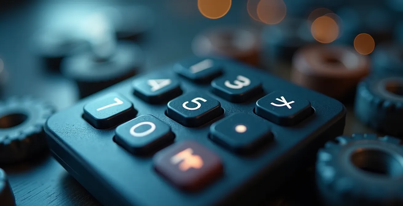 Nahaufnahme eines Taschenrechners mit Autoteilen im Hintergrund, die den Fokus auf die Berechnung der Wirtschaftlichkeit lenken