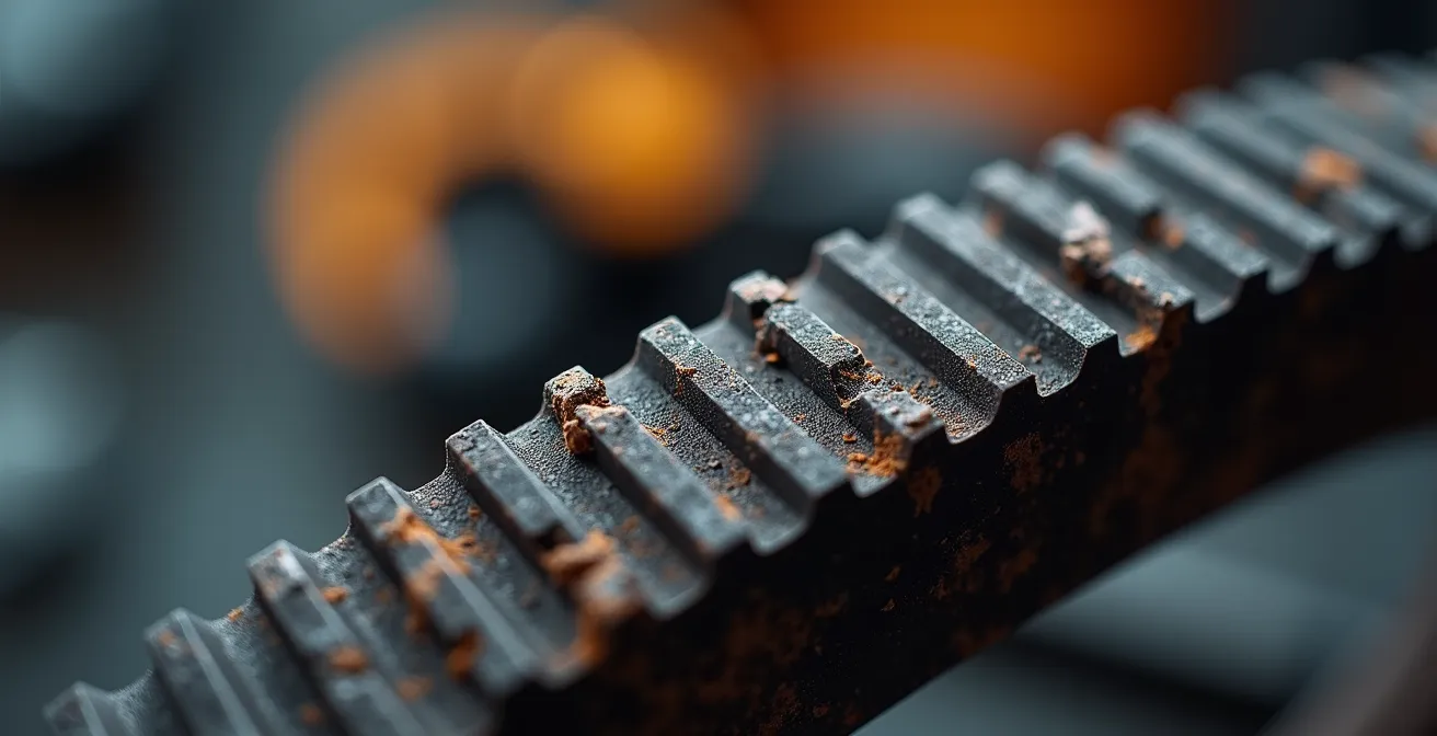 Makroaufnahme eines verschlissenen Zahnriemens mit sichtbaren Rissen