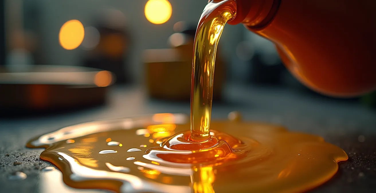 Nahaufnahme von Motoröl und Betriebsflüssigkeiten in Werkstatt