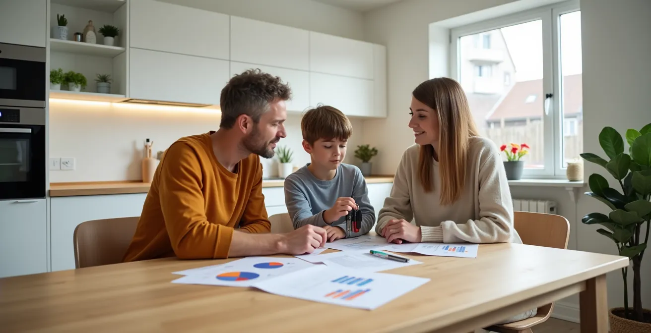 Geteilte Bildkomposition zeigt Familie beim Vergleich von Versicherungsoptionen am Küchentisch