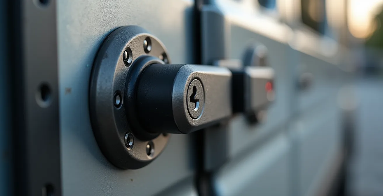 Mehrschichtiges Sicherheitssystem im Transporterinneren, das mechanische Riegel und elektronische Sensoren als Zwiebelprinzip kombiniert